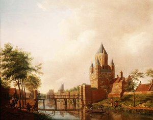 Uma vista do Kleine Houtpoort (Pequeno Portal) em Haarlem com o Grote Houtpoort (Grande Portal) ao fundo