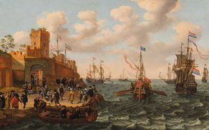 Um holandês de três mestres e uma galera papal com outros navios ao longo da costa de uma cidade fortificada, c.1662 (óleo no painel) de Isaak Willaerts