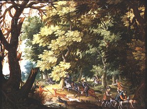 Uma paisagem arborizada com caçadores e cães de caça (óleo sobre cobre)