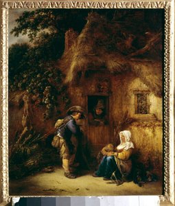 Conversa em frente de uma casa de camponeses. Pintura de Isaac Van Ostade (1621-1649)