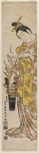 Cortesã Lendo um deslizamento de poema amarrado a flores em um vaso, meados da década de 1740.