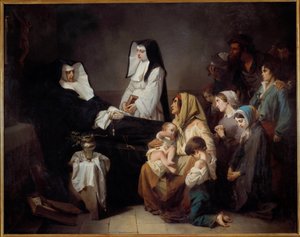 Morte de uma irmã de caridade Famílias pobres se reúnem perto do corpo da freira. Pintura de Isidore Alexandre Augustin Pils (1813-1875) 1850 Sol. 2,43x3,08 m Paris, musee d