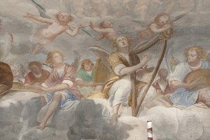 Anjos, músicos anjos e puttos, detalhe do Paraíso com o Pai eterno, c.1623-34 (detalhe de 3496185) de Isidoro Bianchi