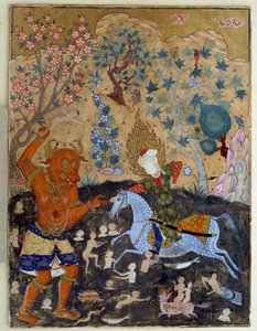 Art Islam: Página de um falnama: Iman Reza luta contra um Div de Islamic School