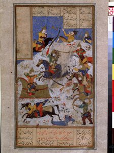 Arte islâmica: batalha opondo os exércitos de Kai Khosrow (Khosro) xá do Irã ao do Touran. (A Batalha entre iranianos e turanianos na época de Kai Khosrow) Tiree persa em miniatura de um manuscrito do poema épico ""Shahnameh"" (Shah Nama, Shah de Islamic School