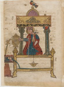Autómato de lavagem das mãos com mecanismo de descarga, folio do The Book of Ingenious Mechanical Devices; por Al-Djazari, 1315 (wc opaca, tinta e ouro sobre papel) de Islamic School