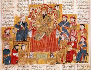 Arte islâmica: "Um Sultão e Sua Corte" miniatura persa de um manuscrito do poema épico "Shahnameh" (Shah Nama, Shahnama) (Livro dos Reis) de Ferdowsi (Firdawsi, ou Ferdawsi, ou Firdousi, ca. 940-around 1020) Por volta de 1330 Museu Topkapi, Istambul de Islamic School