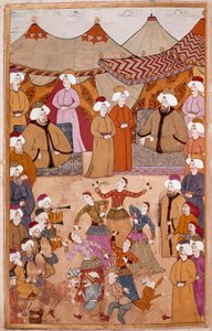 Arte islâmica: "Dança para o prazer do Sultão Ahmet III (1673-1736)" Gouache em papel Levni de "Surnama" (apelido i) Vehbi) Estreia no Museu Topkapi Saray do século XVIII, Istambul de Islamic School