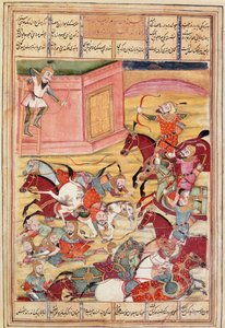 Arte islâmica: "Sam decoca uma flecha para defender um castelo encantador" miniatura persa de um manuscrito do poema épico "Shahnameh" (Shah Nama, Shahnama) (Livro dos Reis) de Ferdowsi (Firdawsi, ou Ferdawsi, ou Firdousi, ca. 940-around 1020) (ms. 607 de Islamic School
