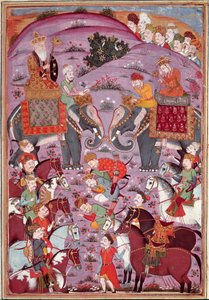Arte islâmica: "O Primeiro Encontro de Roustam e Seu Aieul Sam" miniatura persa de um manuscrito do poema épico "Shahnameh" (Shah Nama, Shahnama) (Livro dos Reis) de Ferdowsi (Firdawsi, ou Ferdawsi, ou Firdousi, ca. 940-around 1020) (ms. 607) Canto de Islamic School