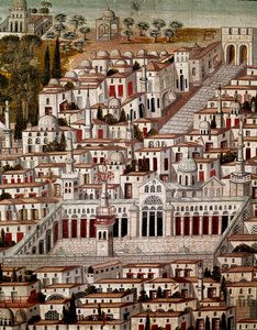 Arte islâmica: Vista de Damasco com A Grande Mesquita dos Omíadas de Damasco (705-715). Pintura síria anônima do século XVII. Síria, Damasco, Palácio Azem ou Azm.