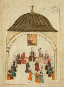 Ms. cicogna 1971, em miniatura da "Memorie Turchesche", representando o Salão Imperial no Palácio Topkapi, Constantinopla, c.1580 de Islamic School