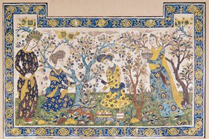 Mural de figuras relaxando em um jardim, do Tchehel Sutun ou Pavilhão de Quarenta Colunas construídas pelo Xá Abbas II (1642-1666), Persa, de Isfahan, Irã (azulejos) de Islamic School