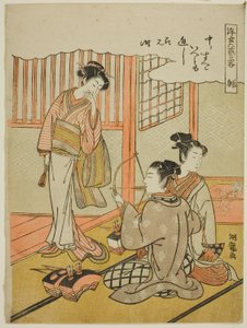 Tiro com arco (Sha), da série "Versões informais das seis realizações no mundo flutuante (Ukiyoe rikugei ryaku)" de Isoda Koryusai