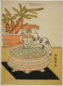 Cat Pawing em Goldfish de Isoda Koryusai