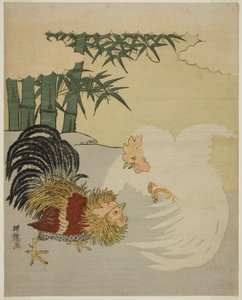 Cocks Fighting perto de Bamboo Grove de Isoda Koryusai
