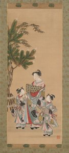 Cortesã e dois atendentes no dia de ano novo, ca. década de 1780. de Isoda Koryusai