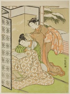 Garota pregando peças em um jovem que está cochilando de Isoda Koryusai