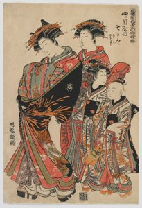 Modelos para a moda: novos desenhos como folhas jovens e frescas: o cortesão Nanasato do Yotsumeya com seus assistentes Nanaji e Satoji, período Edo, 1778-80 (impressão em xilogravura a cores)
