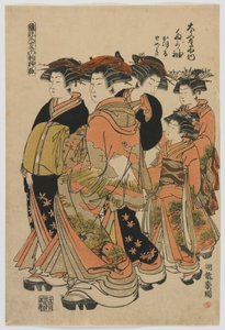 Modelos de moda: novos desenhos como folhas jovens e frescas: O Courtesan Tagasode de Daimonjiya com Katsuru, Tomeki e Attendants, período Edo, 1778-80 (impressão em xilogravura colorida) de Isoda Koryusai
