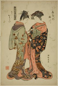 Takigawa e Katarai do Ogiya, da série "Models for Fashion: New Designs as Fresh as Young Leaves (Hinagata wakana hatsu moyo)" de Isoda Koryusai