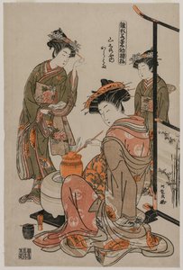 A cortesã Karahama de Yamashiroya realizando a cerimônia do chá ..., final da década de 1770. de Isoda Koryusai