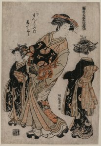 A cortesã Kichijuro de Kage Manjiya com dois Kamuro ..., final da década de 1770. de Isoda Koryusai