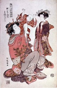 A cortesã Morokoshi de Echizan com criança e atendente, c.1775 (impressão em xilogravura colorida) de Isoda Koryusai