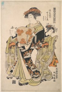 A cortesã Sugatami do bordel Tsuruya, da série «Um livro de padrões dos primeiros desenhos do ano, frescos como ervas primaveris» («Hinagata wakana no hatsu moyō») de Isoda Koryusai