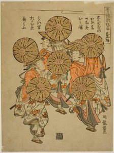 A Dança do Chapéu Florido (Hanagasa odori), da série "Performances em Quadrinhos do Festival Niwaka nos Bairros do Prazer (Seiro niwaka kyogen)" de Isoda Koryusai