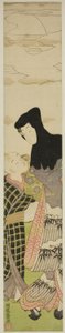 Mulher de capuz preto fala com menino de Isoda Koryusai