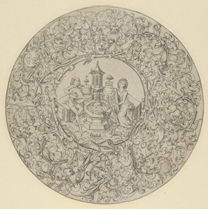 Jardim do amor, dentro de grande moldura circular ornamentada. de Israhel van Meckenem