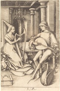O tocador de alaúde e a harpista, c. 14951503. de Israhel van Meckenem