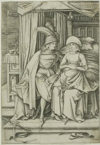 Um homem e uma mulher sentados numa cama de Israhel van Meckenem the younger