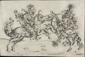 Combate de dois homens selvagens a cavalo de Israhel van Meckenem the younger