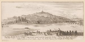 Vista de Lyon do banco perto do mosteiro celestino
Veue de Lyon quand on est sur les quais des Celestins (título sobre o objecto)