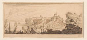 Vista costeira com uma tenda aberta e pescadores Projetando para uma série impressa com paisagens litorâneas (título da série)