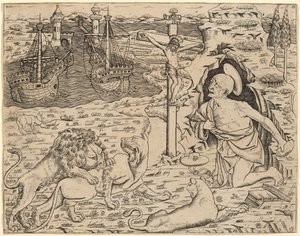 São Jerônimo em penitência, com dois navios em um porto de Italian 15th Century