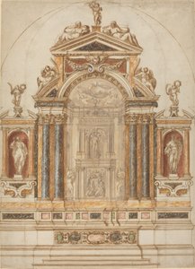 Um elaborado altar de mármore colorido ornamentado com esculturas