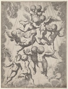 Um grupo de anjos na glória de Italian 17th Century, after Guido Reni, after Luca Cambiaso