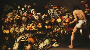 Uma despensa abastecida com legumes, flores e frutas, de Italian School