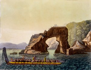 Um ponto de vista fortificado Maori na Nova Zelândia, combinado com Maori War Canoe, 1820s-30s (aquatinta colorida à mão) de Italian School