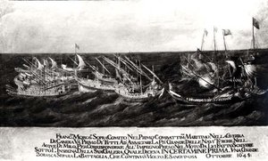 Uma batalha marítima entre a frota veneziana do General Francesco Morosini (1618-94) contra os turcos da costa de Creta, Outubro de 1645 (óleo sobre tela) (foto a p&b) de Italian School