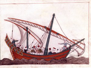 Um barco turco. Miniatura de "Turkish Memorials" (codex Cicogna 1971 "Memorie Turchesche") Aguarela da escola veneziana do século XVII. de Italian School