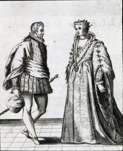 Um casal de nobres italianos. Gravura de "Il Ballarino" (ou Il Ballerino) trata da dança do mestre de dança Fabritio Caroso (1527/1535-1605/1620) 1581. Civico Museo Biblioteca Musicale, Bolonha de Italian School