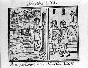 Um casal quer bater à porta deles. Ilustração para a notícia 61 (Notícia 1 do 7º dia) do "Decameron" de Giovanni Boccaccio dit Jean Boccaccio (1313-1375), escritor italiano. Gravura em "Decamerone ouer Cento nouelle" Veneza, Bartolomeo de 
