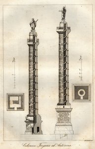 Um diagrama de secção transversal da Coluna de Trajano (Coluna Trajana) (113 d.C.) e da Coluna de Antoninus Pius (161 d.C.) em Roma - gravura de "Usi e Costumi di Tutti i Popoli dell