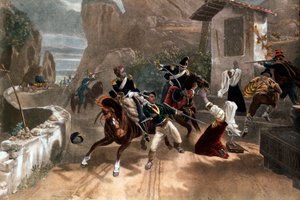 Uma luta entre bandidos e os carabinieri do papa (dragoni) na Sardenha, Itália. Século XIX de Italian School