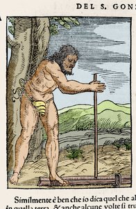 Um homem nativo acendendo uma fogueira esfregando dois pedaços de madeira. Gravura de "Navigationi e Viaggi" de Giovanni Battista Ramusio (1485-1557), vol. III, Veneza 1565. de Italian School
