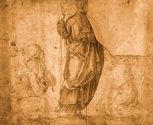 Uma santa com duas mulheres ajoelhadas (giz vermelho sobre papel) de Italian School
